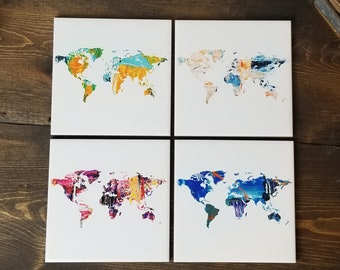 Colorful World Coaster Set | Set of 4 - World Map - Watercolors - Countries - Geography - World Map Gift - World Gift - Country Gift