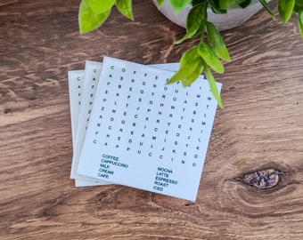 Coffee word search coasters - set of 4 - word search gift, coffee words, coffee word search, fun word search, fun decor, coffee coasters