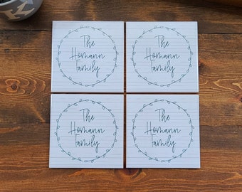 custom farmhouse monogram coaster set of 4, personalized family, family name decor, unique wedding gift for couple, last name gift