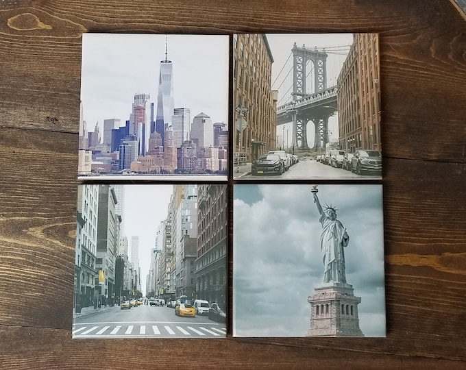New York City Coasters | Set of 4 - Statue of Liberty - Brooklyn Bridge - Time Square - I love new york - New york city gifts - NYC decor
