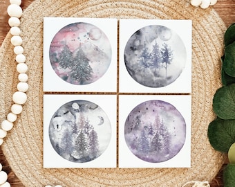 Forest Moon Coasters / Set of 4 - Diseños lunares - posavasos celestes - diseños de galaxias - diseños lunares - posavasos lunares - decoración de fases lunares