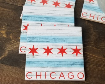 Chicago Flag Coaster, Set of Four, State Gifts, City Coasters, Housewarming Gift for First Home, New Apartment Gift, Moving Away Gift