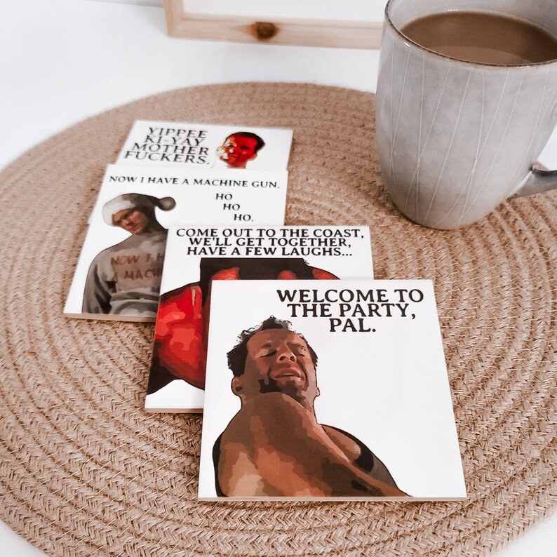 Die Hard coasters - die hard christmas coasters - holiday coasters - bruce willis - funny christmas gift - die hard gift - die hard decor image 2