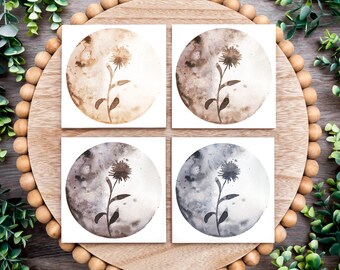 Moon Flower Coasters | Set of 4 - Moon designs - celestial coasters - galaxy designs - lunar designs - moon coasters - moon phases decor