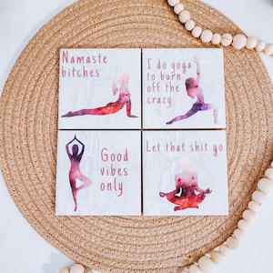 Yoga Coasters - funny yoga coasters - yoga humor - namaste - yoga positions - yoga decor - yoga studio - meditation - spiritual - home decor