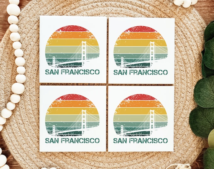 Retro San Francisco Coasters - Set of 4 - Drink Coasters - California Decor - California Beach house gift - San Francisco Decor - San Fran