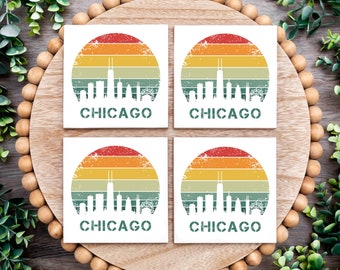 Retro Chicago Coasters - Set of 4 - Drink Coasters - Chicago Decor - Chicago Gift - Chicago housewarming gift - Illinois Coasters - Chi town
