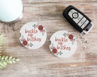 posavasos para coche, abróchense los cinturones, regalo para ella, regalo divertido, posavasos divertidos, regalos por menos de 10 dólares, posavasos florales, explícito