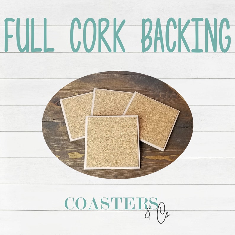 May include: Four square cork-backed coasters on a wooden surface. The coasters are made of a light brown material with a cork backing. The text "COASTERS & Co." is visible in the bottom right corner of the image.