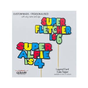 Adorno para tarta de cumpleaños inspirado en Super Mario. Personalizado con nombre y edad. Hecho a mano en Australia.