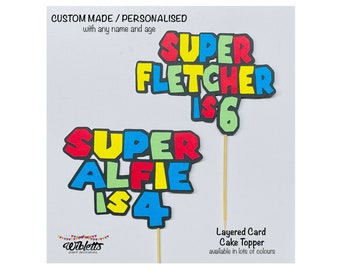 Super Mario inspired theme birthday party cake topper decoration. Custom made personalised with any name and age. Handmade in Australia