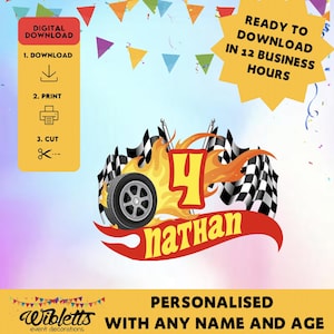 Digital Download File - Not Physical Item - DIY - Printable - Personalised Hot Wheels Racing Car Flame Inspired Theme Birthday Cake Topper