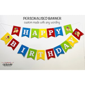 Spot the Dog Theme Birthday Party Bunting Banner Decoration, Personalised / Custom Made with any Wording. Blue, Yellow, Green & Red