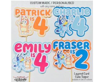 May include: Four layered card cake toppers featuring the characters from the show Bluey. The toppers are personalized with the names Patrick, Charlie, Emily, and Fraser, and their ages. The toppers are available in a variety of colors.