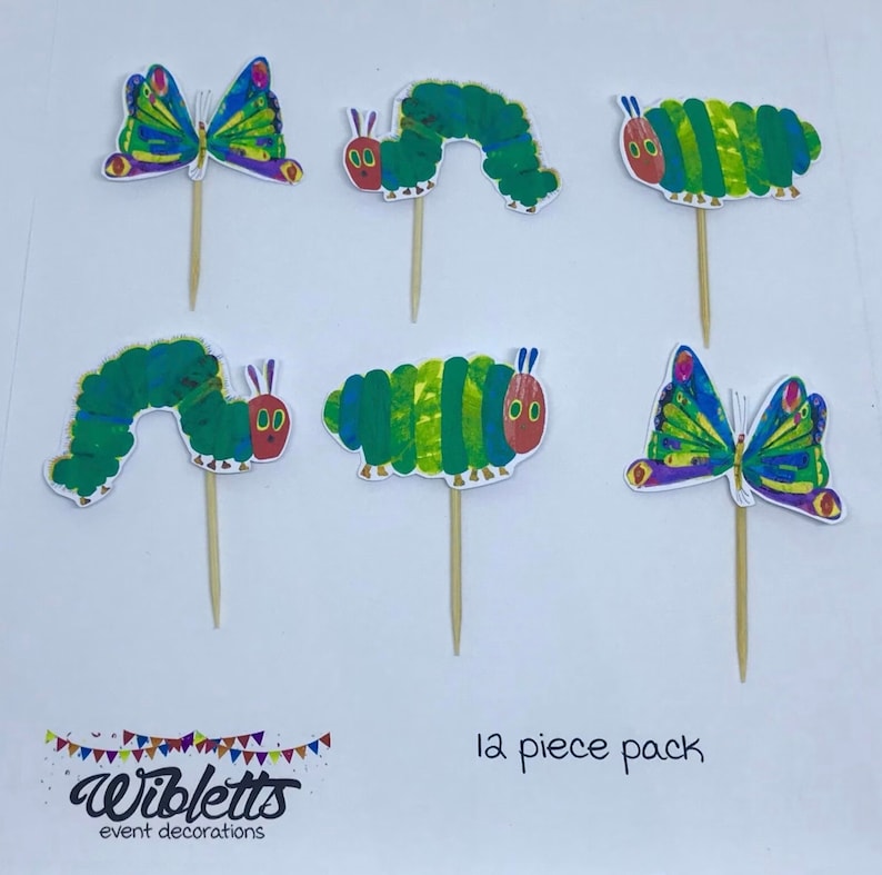 May include: A set of 6 The Very Hungry Caterpillar themed cupcake toppers. The set includes 2 green caterpillars with red faces, 2 green caterpillars with red faces and purple antennas, and 2 colorful butterflies.