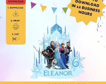 May include: Frozen themed cake topper featuring a blue castle, Olaf, Elsa, Anna, Kristoff, and Sven. The topper is personalized with the name "Eleanor" and the number "6".