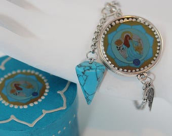 Blue Howlite Pendulum Bracelet with  Archangel Sandalphon, Unique Turquoise Gemstone Angel Jewelry, Dowsing Divination Altar Tool Kit Box