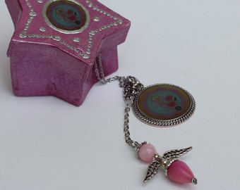 Archangel Chamuel Spiritual Jewelry, Pink Love Angel Pendulum Necklace in Star Box, Jade Gemstone Dowsing Kit, Divination or Altar Tool