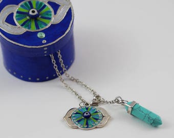 Turquoise Pendulum Necklace with Third Eye Chakra, Teal and Royal Blue Gemstone Dowsing Kit and Spiritual Jewelry, Evil Eye Art Altar Tool