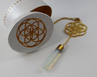 Flower of Life Pendulum Necklace with Box, Moonstone Opalite Jewelry, White Gemstone Wand, Sacred Geometry Symbol Dowsing or Divination Kit