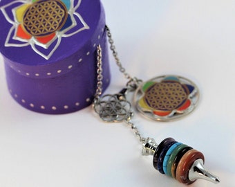 Chakra Pendulum Necklace with Flower of Life Pendant, Multicolor Gemstone Jewelry, Balance and Healing Therapy Kit, Colorful Divination Set