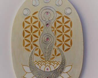 Pearl Beige Moon Goddess in Lotus Wall Hanging, Leaf Silver Gilded Sacred Divine Feminine with Flower of Life Art Painting and Home Decor