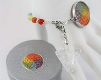 Clear Quartz Arrow Pendulum Bracelet with Flower of Life Pendant, Rock Crystal Dowsing Oracle Chakra Color Gemstone Jewelry Set with Box