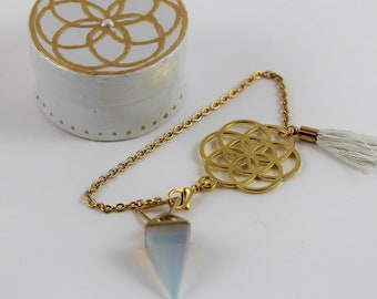 Opalite Pyramid Pendulum Bracelet with Seed or Flower of Life and Tassel, Pearl Cream Beige Golden Boho Style Jewelry and Dowsing Tool