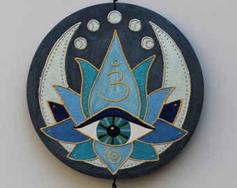 Third Eye Moon Cycle Wall Hanging or Door Decor with Lotus Flower in Blue and Silver, Evil Eye Home and Altar Decoration, Housewarming Gift
