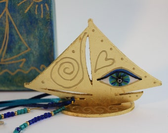 Gilded Sailing Boat Good Luck Symbol Home Decor, Golden Ship with Evil Eye Mati, Greek Gouri Decoration, Unique Gift Idea, Christmas Favour