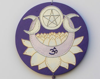 Triple Moon Wall Hanging with Pentagram White Lotus Flower and Om, Moon Cycle Home or Altar Decor in Purple Silver, Sacred Feminine Blessing