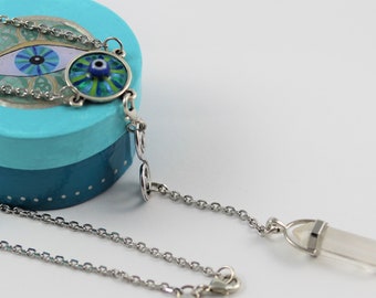 Evil Eye Art Necklace with Clear Quartz Pendulum, Spiritual Gemstone Jewelry and Divination Tool in Box, Hand Painted Teal Blue Dowsing Set