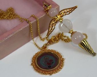 Romantic Rose Quarz Angel Pendulum Necklace, Unique Archangel Chamuel Gemstone Jewelry in Gilded Box, Pink Gold Divination Ceremony Tool