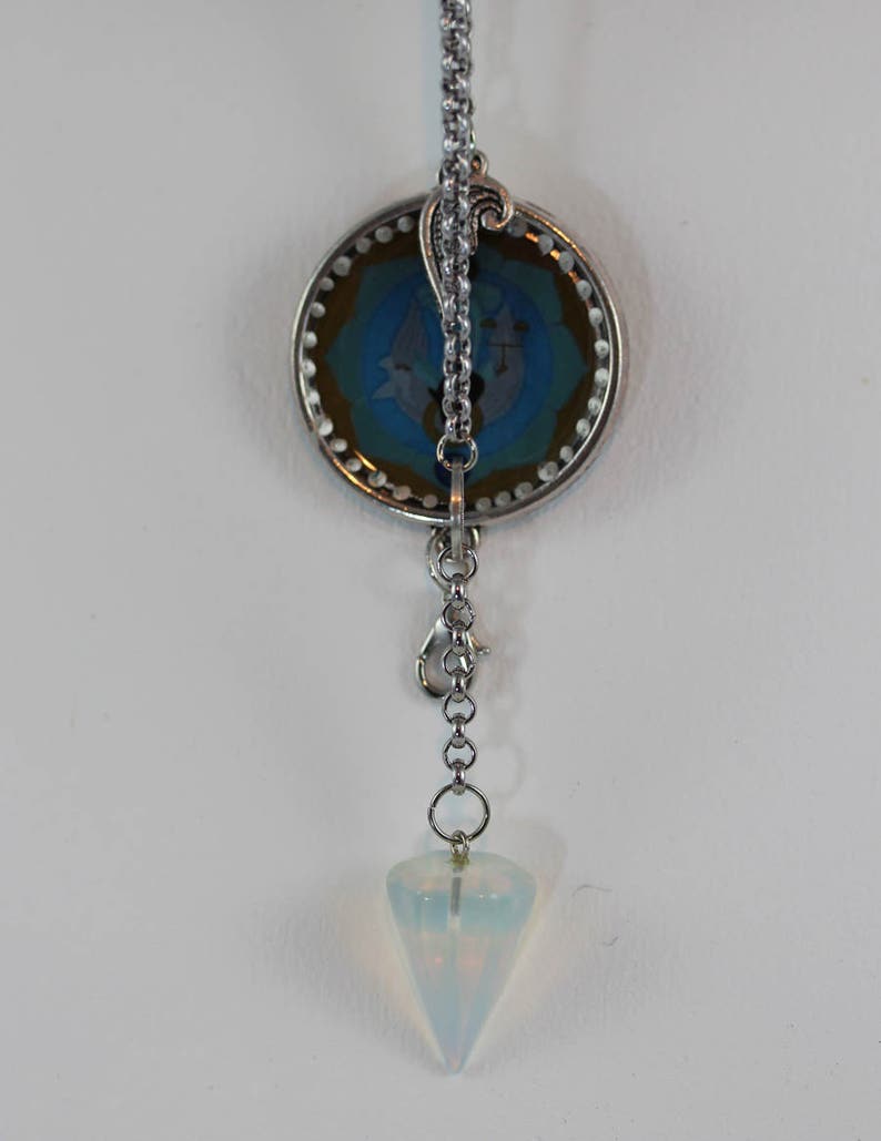 Opalite Moonstone Pendulum Bracelet with Archangel Raguel Divination Altar Tool in Box Angel Gemstone Jewelry and Dowsing Kit