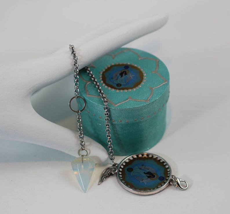 Opalite Moonstone Pendulum Bracelet with Archangel Raguel Divination Altar Tool in Box Angel Gemstone Jewelry and Dowsing Kit