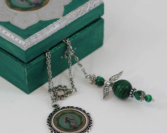 Green Malachite Angel Pendulum Necklace with Box, Archangel Raphael Gemstone Jewelry, Dowsing and Divination Kit in Box, Gift for Her