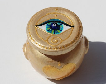 Little Happiness Jar with Hand Painted Eye, Unique Mediterranean Talisman Art Decor, Small Golden Turquoise Blue Glass Good Luck Pot