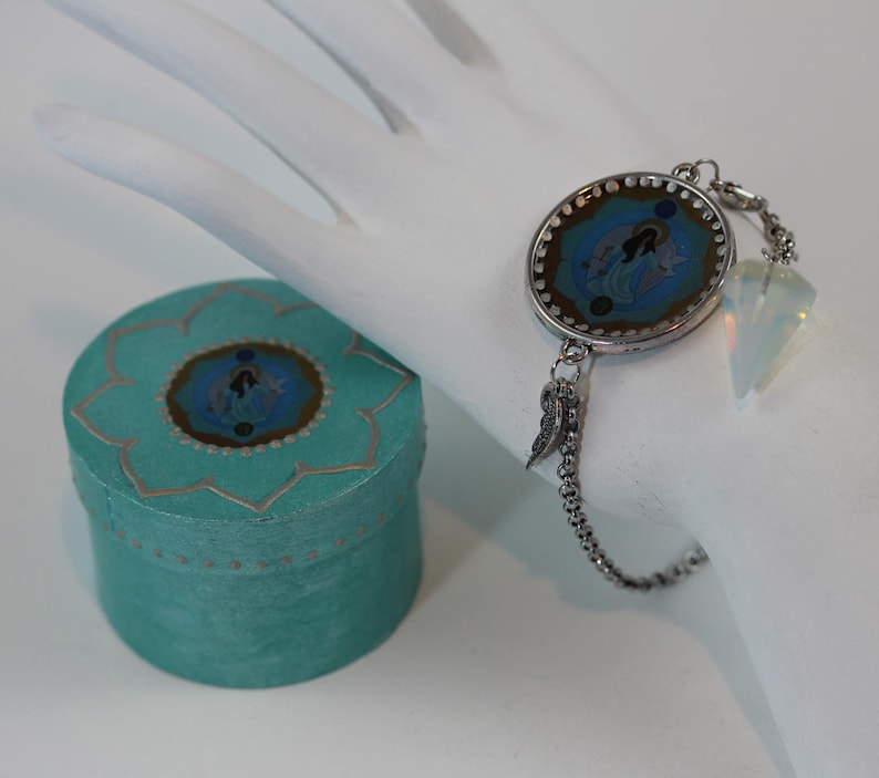 Opalite Moonstone Pendulum Bracelet with Archangel Raguel Divination Altar Tool in Box Angel Gemstone Jewelry and Dowsing Kit