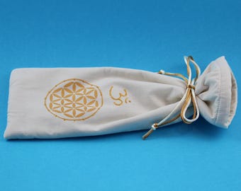 Soft Pouch for Healing Wand with Flower of Life and Om, Golden Beige Sacred Geometry Therapy Crystal Tool Storage, Gift for Energy Healer