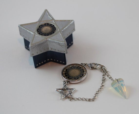 Opalite Moonstone Pendulum Bracelet with Archangel Raguel Divination Altar Tool in Box Angel Gemstone Jewelry and Dowsing Kit