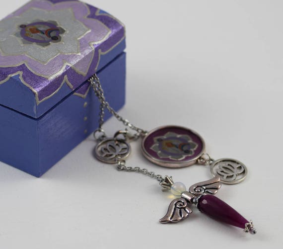 Opalite Moonstone Pendulum Bracelet with Archangel Raguel Divination Altar Tool in Box Angel Gemstone Jewelry and Dowsing Kit
