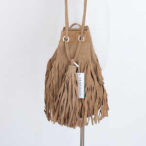 Light Brown Tan Suede Boho Bohemian Fringe Fringing Tassel Bucket Bag | Womens Shoulder Crossbody Bag Gift For Her | Genuine Real Leather