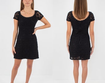 90s 1990s Black Stretch Lace Body Con Mini Dress | Evening Party Formal Prom Dress - Size S