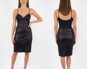 Y2K OOs Shiny Black Stretch Dress | Grunge Dress | Millenial Dress | Stretch Body Con Dress | Evening Party Sexy Dress - Size XS/S