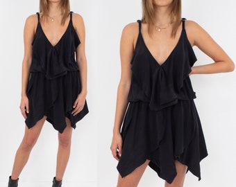 Black Silk Layered Mini Dress Blouse Shirt Dress - Size Fits XXS/XS/S/M