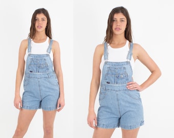 90s 1990s Light Wash Blue Denim Cotton Short Overalls Dungarees | Womens Ladies Girls Spring Summer Overalls - Size S