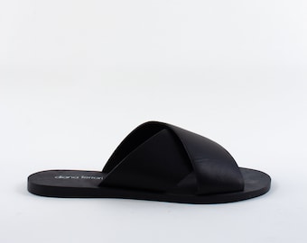 Vintage schwarz Leder Rutschen Slip auf Sandalen Sommerschuhe | Größe 37 / Größe 6