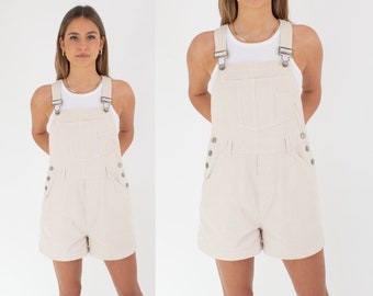 90s 1990s Gingham Beige & White Check Denim Cotton Overalls | Spring Summer Dungarees | Womens Ladies Girls Short Overalls - 3 Sizes S M + L