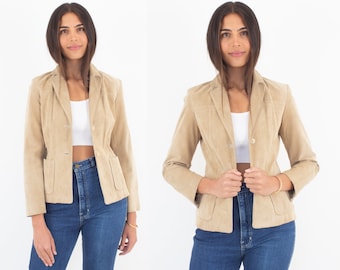90s/Y2K TAN BEIGE Suede Leather Blazer | Short Cropped Tailored | Casual Work Office | Minimalist Quality Designer Ladies Jacket - Size XS