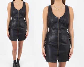 Black Genuine Leather Biker Motorcycle Mini Dress - Size XS / 25&quot;